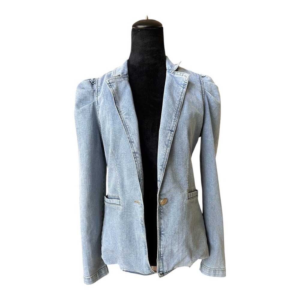 Elan Womens Light Wash Denim Puff Shoulder Blazer Jacket JE8155 Medium